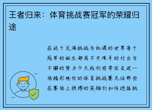 王者归来：体育挑战赛冠军的荣耀归途